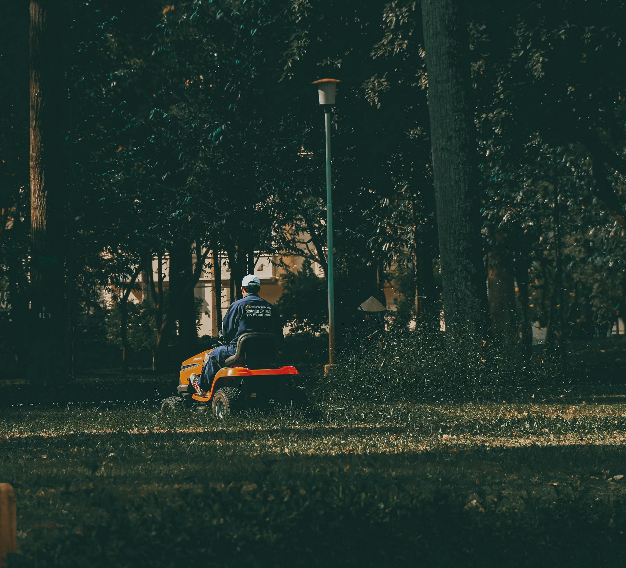 A man in coveralls operates a lawn mower in a verdant park setting, surrounded by lush trees and grass.